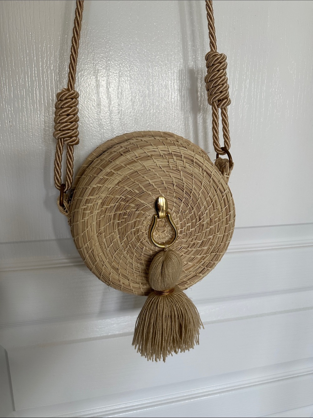 Round Natural Straw Crossbody Bag with Tassel Accent
